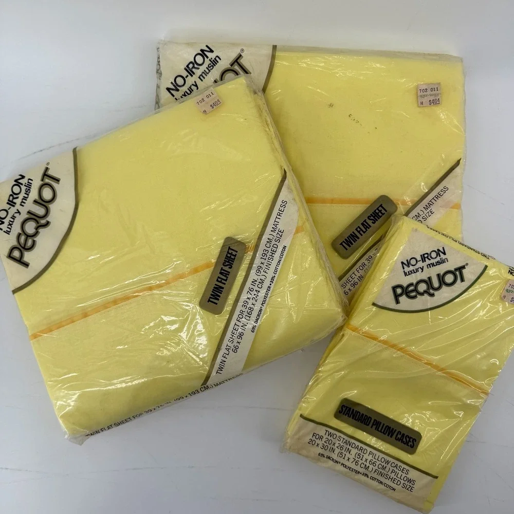 Vintage Pequot Yellow Twin Flat Sheets and Pillowcases Set 4pc No Iron Muslin